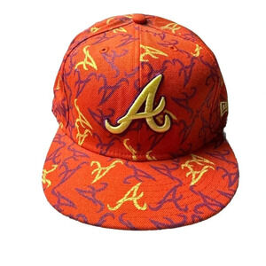 Atlanta Braves Hat New Era 59Fifty All Over Print Baseball Cap Orange 7 3/4 New